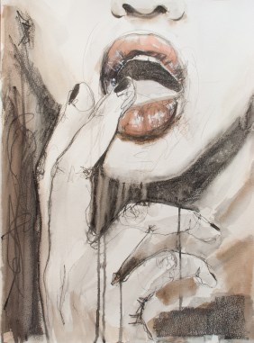 a curl of pink rubber rolled up in her beak